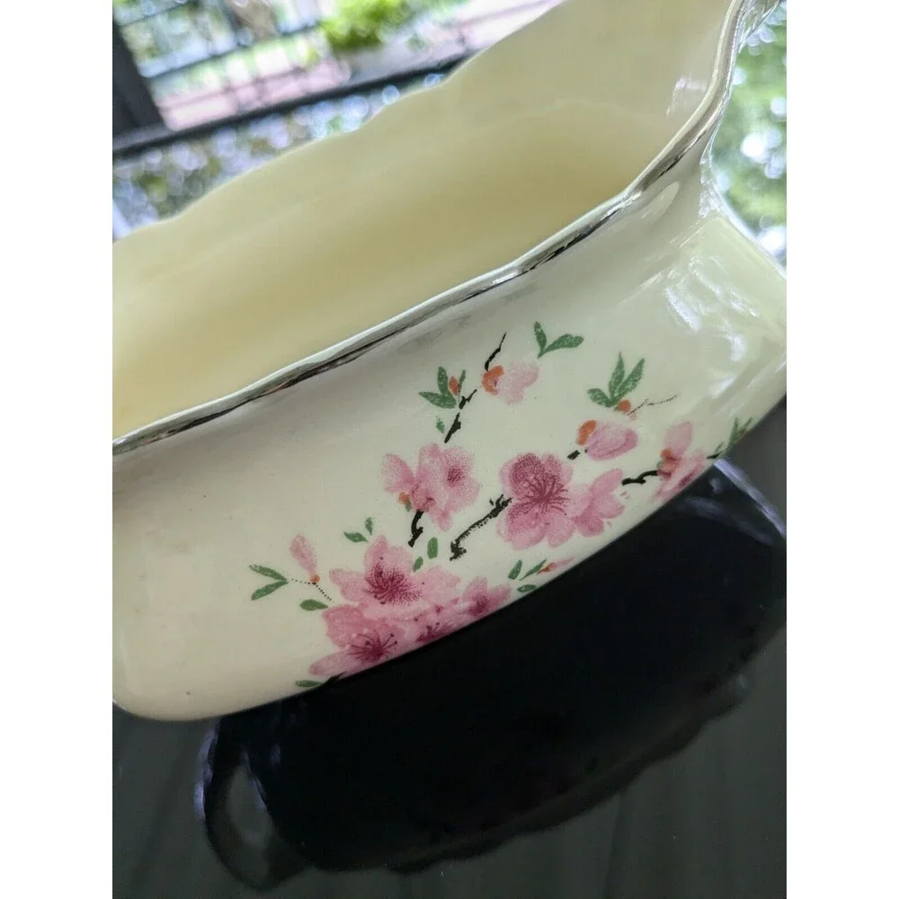 Vintage Canarytone Gravy Boat Cherry Blossoms Unmarked Silver Trim Porcelain